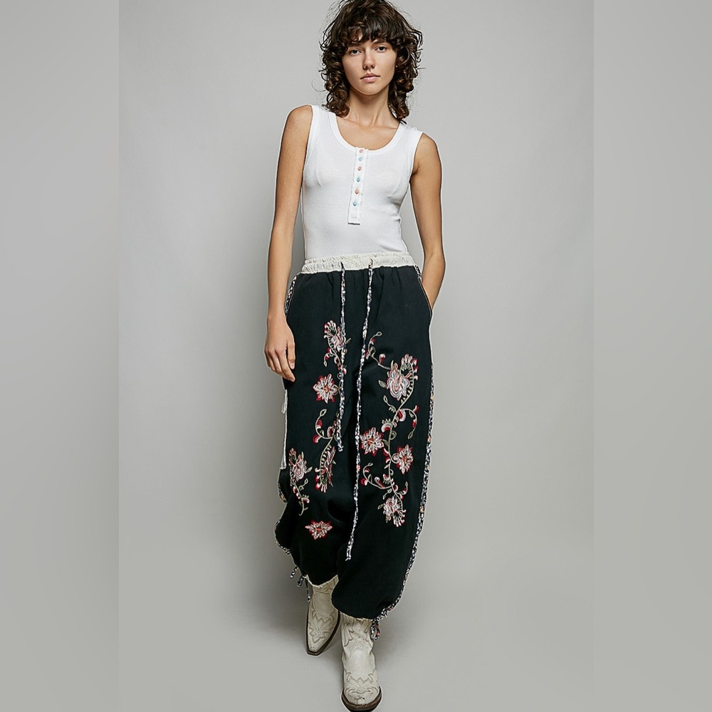 Last 1!! POL Black Track Joggers with Floral Embroidery - Picture 5 of 7